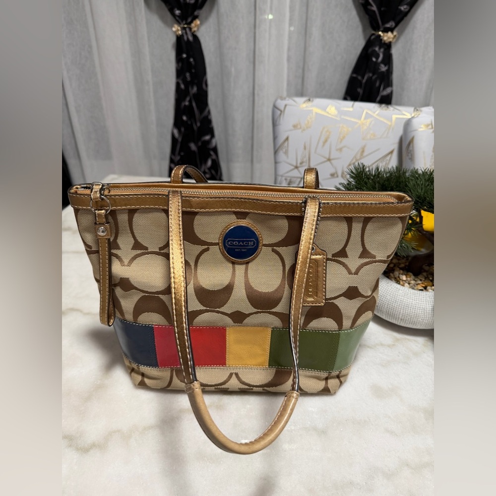 Coach Tan Signature Canvas Tote with Multicolor Patch Stripe